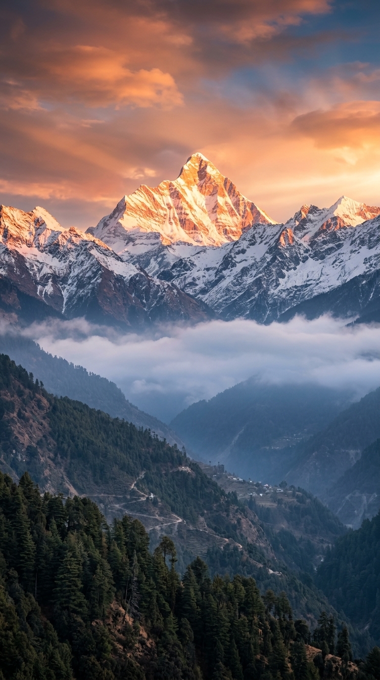 Breathtaking cinematic view of majestic snow-capped Himalayan mountain peaks glowing in morning sunlight above misty pine valleys