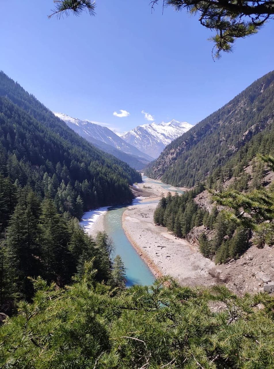 Sacred Ganga river winding through pristine pine valleys in the Garhwal Himalayas
